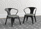 Two black metal chairs with wooden seats on a patterned rug. 42-Bistro 2-Piece Chair Set