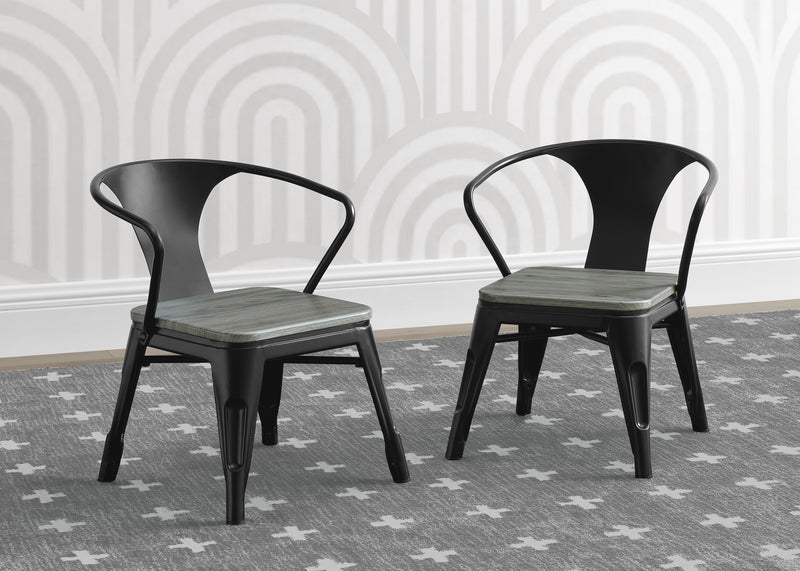 Two black metal chairs with wooden seats on a patterned rug. 42-Bistro 2-Piece Chair Set