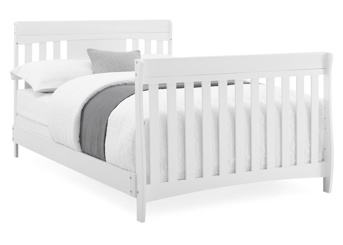White crib with a gray mattress on a white background