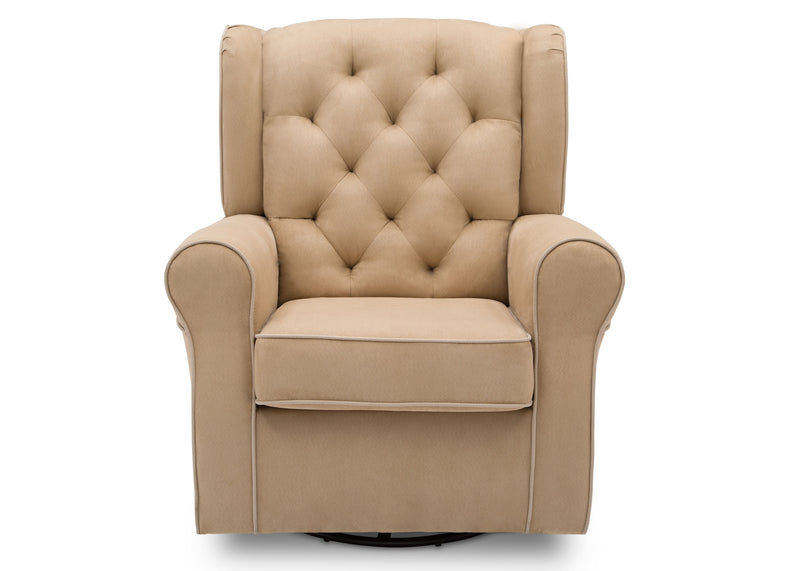A beige upholstered wingback armchair with button tufting on the backrest and a padded seat cushion, shown against a plain white background. 19-Emerson Nursery Glider Swivel Rocker Chair