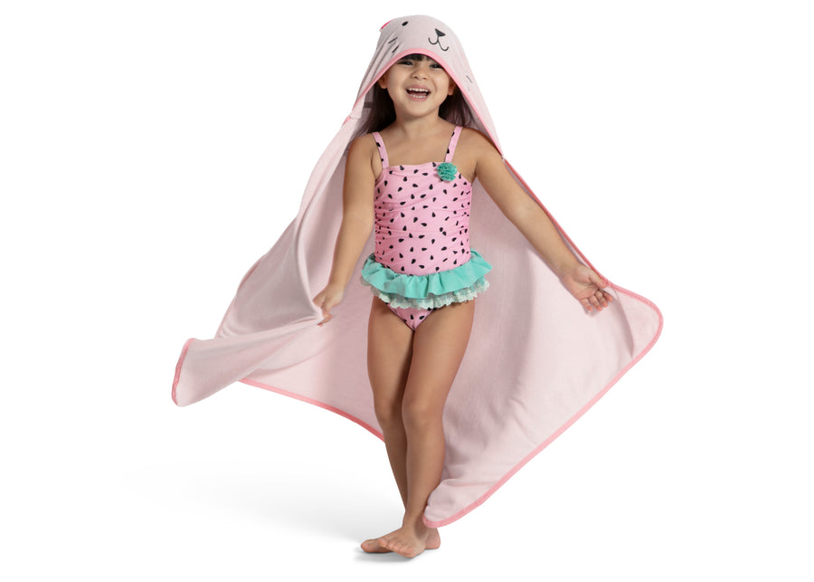 Pink Cat (1261) 7-Kids Hooded Bath Towel with Pockets