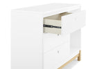 White nightstand with open drawer on a white background 15-Poppy 3 Drawer Dresser with Cubbies