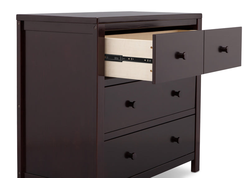 Dark wood dresser with open drawer on a white background 16-3 Drawer Dresser with Interlocking Drawers