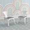 Two white chairs with wooden seats against a colorful geometric wall. 13-Bistro 2-Piece Chair Set