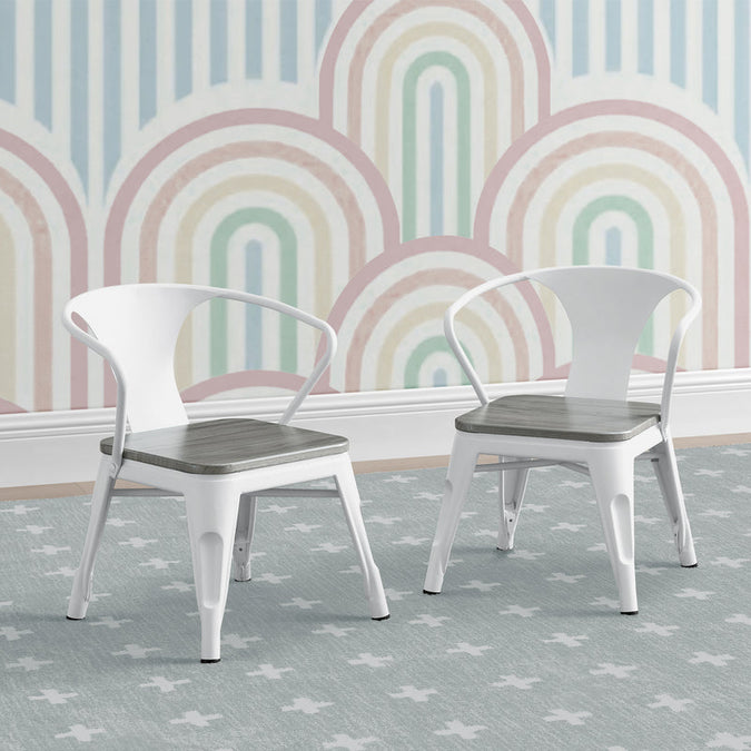Two white chairs with wooden seats against a colorful geometric wall. 13-Bistro 2-Piece Chair Set
