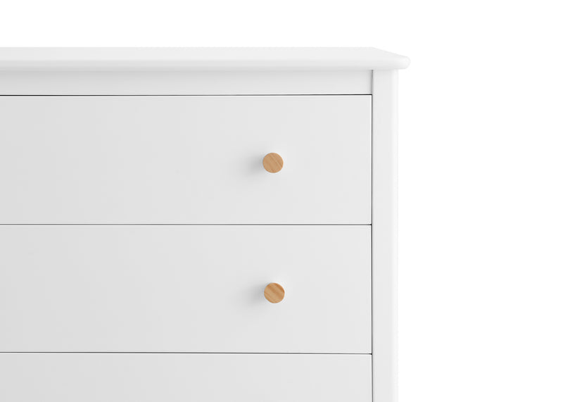 White dresser with wooden knobs on a white background 10-Casey 3 Drawer Dresser with Interlocking Drawers