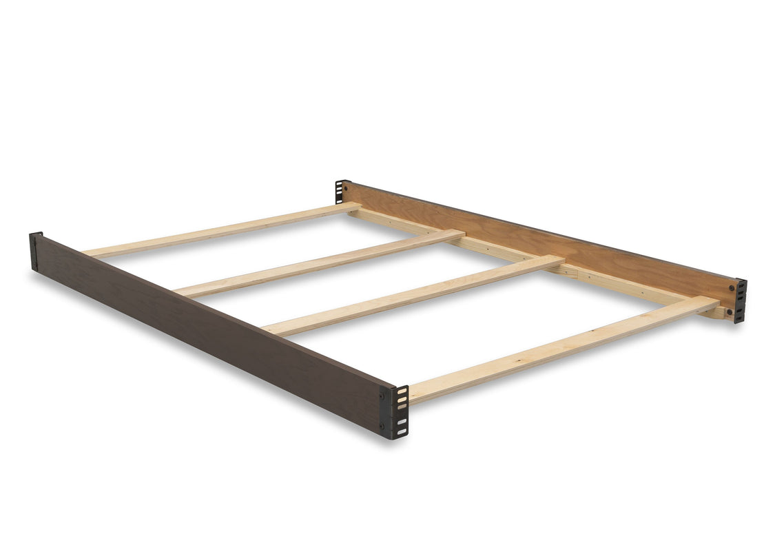 Wooden bed frame with metal brackets on a white background