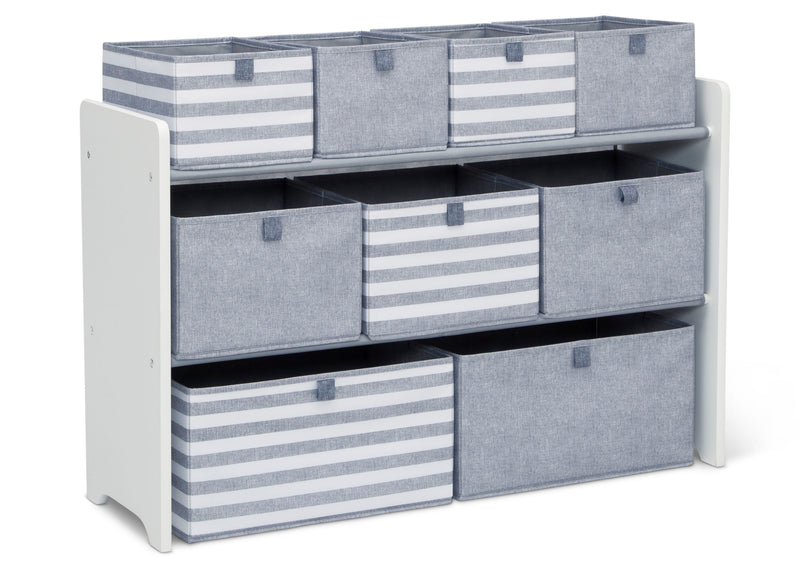 Storage unit with gray and white striped bins on a white background