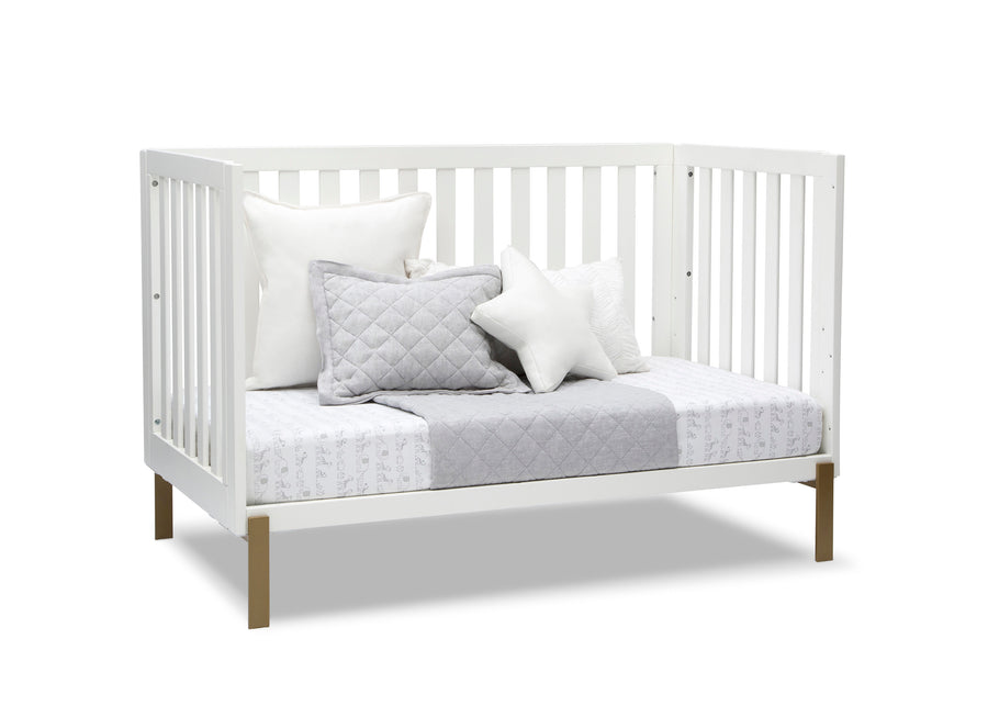 White crib with gray bedding and pillows on a white background 23-Hendrix 4-in-1 Convertible Crib