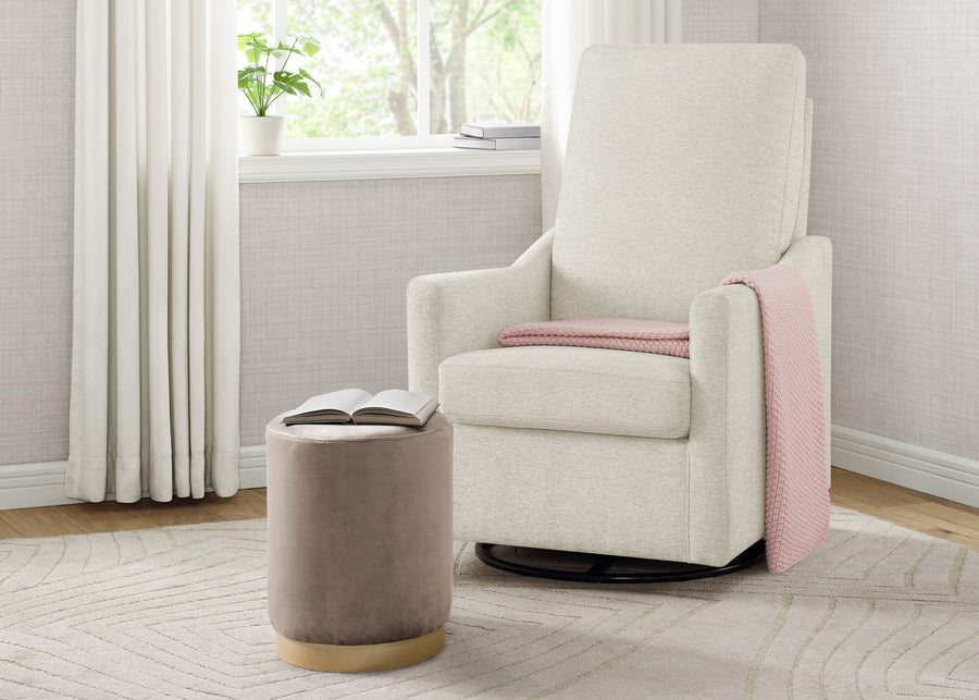 White armchair with pink blanket and gray ottoman in a room with large windows. 14-Andie Nursery Glider Swivel Chair with LiveSmart Fabric
