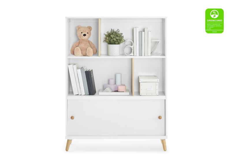 White bookshelf with decorative items on a white background, featuring a GreenGuard certification label.