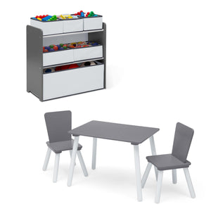 Light Grey and White (1176) 2-4-Piece Toddler Playroom Set – Includes Play Table and 6 Bin Toy Organizer with Reusable Vinyl Cling Stickers (Copy)