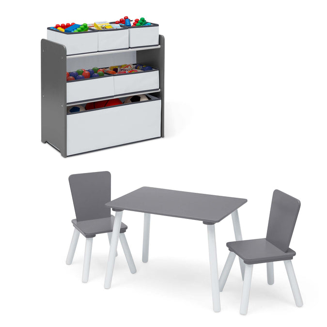 Light Grey and White (1176) 2-4-Piece Toddler Playroom Set – Includes Play Table and 6 Bin Toy Organizer with Reusable Vinyl Cling Stickers (Copy)