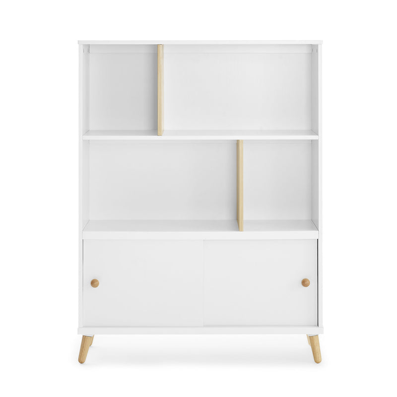 A modern white storage cabinet with open shelves, two lower doors, and light wood legs and knobs, shown against a plain white background.