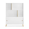 A modern white storage cabinet with open shelves, two lower doors, and light wood legs and knobs, shown against a plain white background. 18-Essex Bookcase