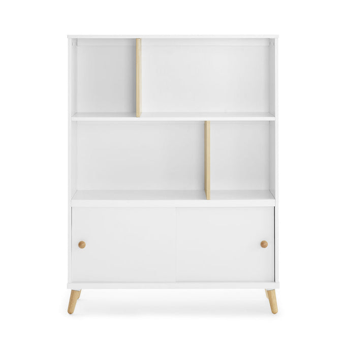 A modern white storage cabinet with open shelves, two lower doors, and light wood legs and knobs, shown against a plain white background. 18-Essex Bookcase