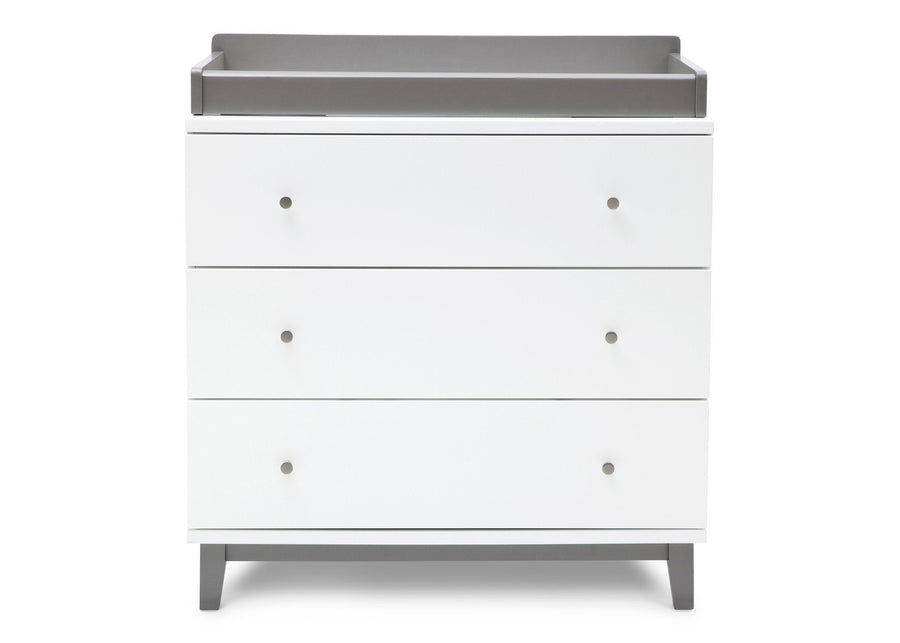Delta Children White / Grey (027) Tribeca Three-Drawer Dresser Front View with Changing Top a3a 3-Tribeca 3 Drawer Dresser