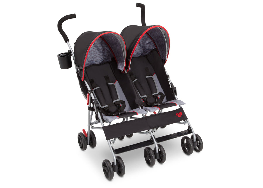 Delta Children Red Triangular (2246) LX Plus Side x Side Double Stroller (11709), Angled with Canopy, b1b 10-LX Plus Side x Side Double Stroller