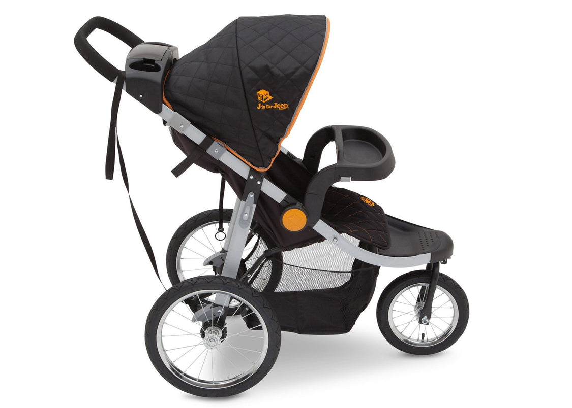 Delta Children J is for Jeep Brand Trek Orange (835) Cross Country All Terrain Jogging Stroller Full Right Side View, with Canopy and Child Tray d3d