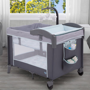 Delta Children Eclipse (2063) LX Deluxe Play Yard, angled view, a2a 6-LX Deluxe Portable Baby Play Yard With Removable Bassinet and Changing Table