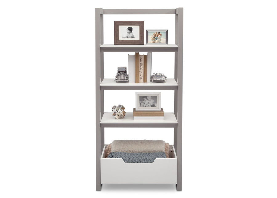Delta Children Bianca White with Grey (166) Gateway Ladder Shelf, Front View with Props a6a 3-Gateway Ladder Shelf