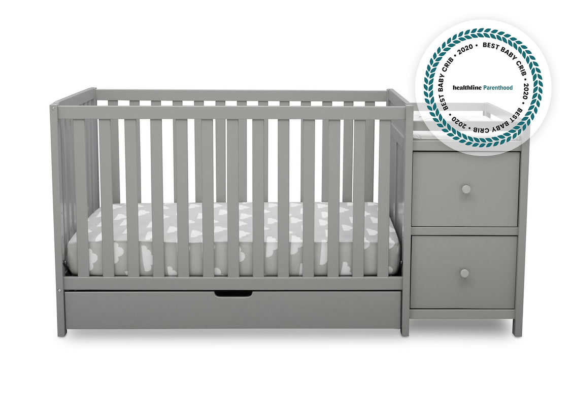 Delta Children Grey 026 Luna Convertible Crib N Changer with Under Drawer (536160), Silo Front, a2a with badge