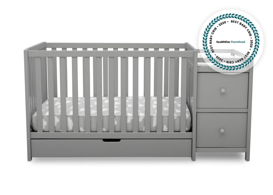Delta Children Grey 026 Luna Convertible Crib N Changer with Under Drawer (536160), Silo Front, a2a with badge 2-Luna Convertible Crib N Changer with Under Drawer