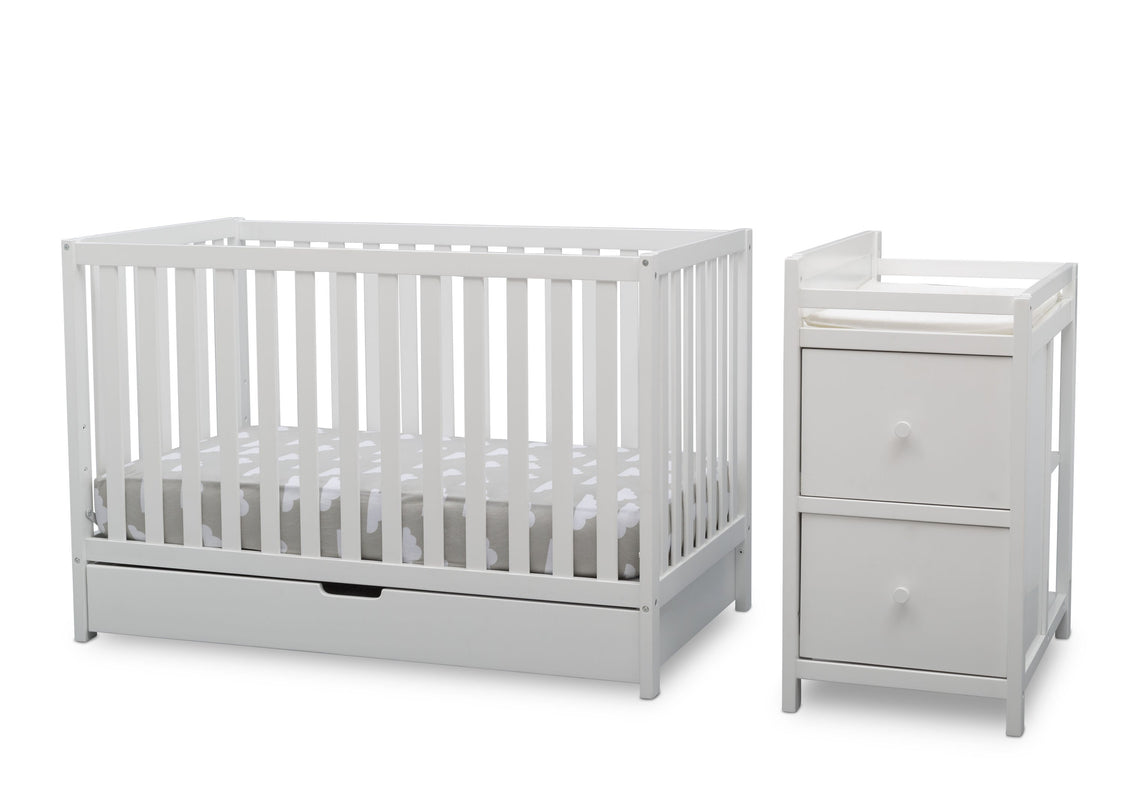 Delta Children Bianca White (130) Luna Convertible Crib N Changer with Under Drawer (536160), Silo Detached, b2b
