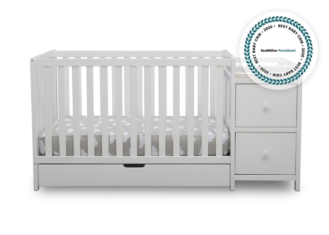 Delta Children Bianca White 130 Luna Convertible Crib N Changer with Under Drawer (536160), Silo Crib, b2b with badge