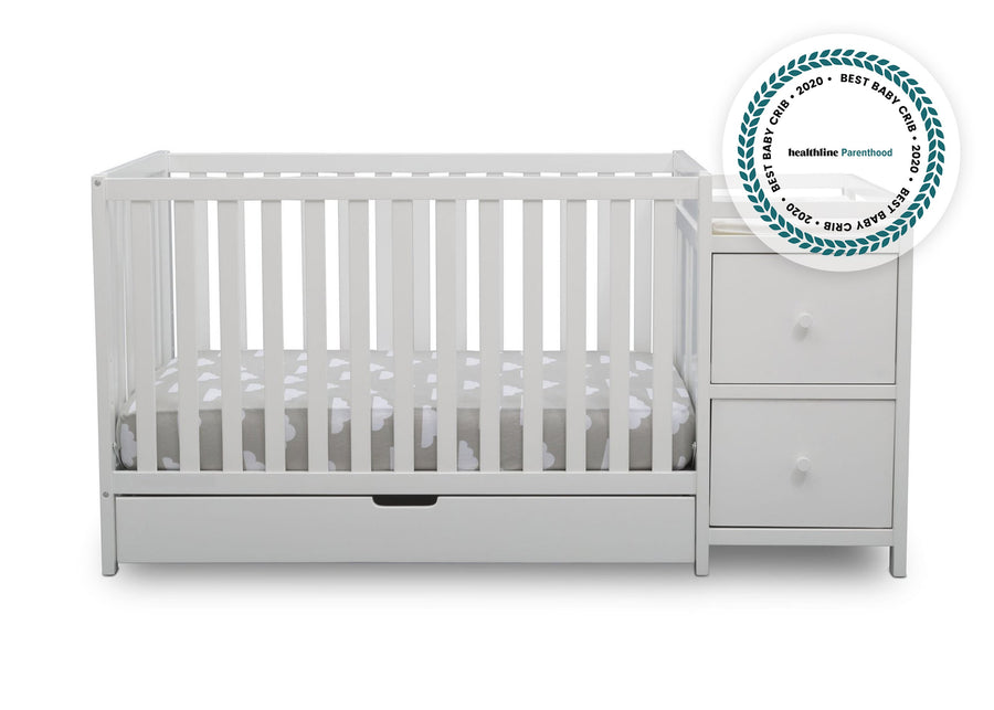 Delta Children Bianca White 130 Luna Convertible Crib N Changer with Under Drawer (536160), Silo Crib, b2b with badge 10-Luna Convertible Crib N Changer with Under Drawer