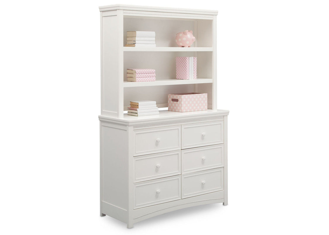 Delta Children White Ambiance (108) Lindsey 6 Drawer Dresser and Lindsey Bookcase/Hutch, Angled View a5a