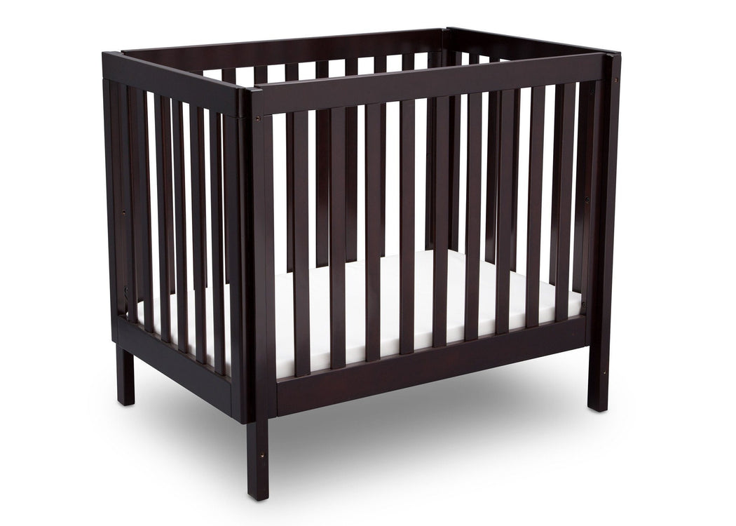 Delta Children Dark Espresso (958) Bennington Elite Mini Crib with Mattress, Angled View, b3b