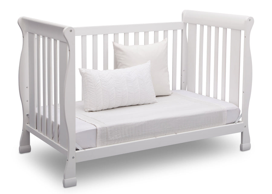 Delta Children Bianca (130) Riverside 4-in-1 Crib, angled conversion to daybed, a5a 6-Riverside 4-in-1 Crib