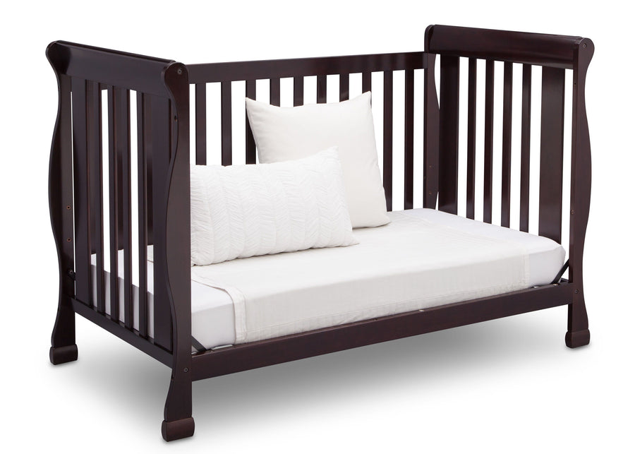 Delta Children Dark Chocolate (207) Riverside 4-in-1 Crib, angled conversion to daybed, b5b 13-Riverside 4-in-1 Crib