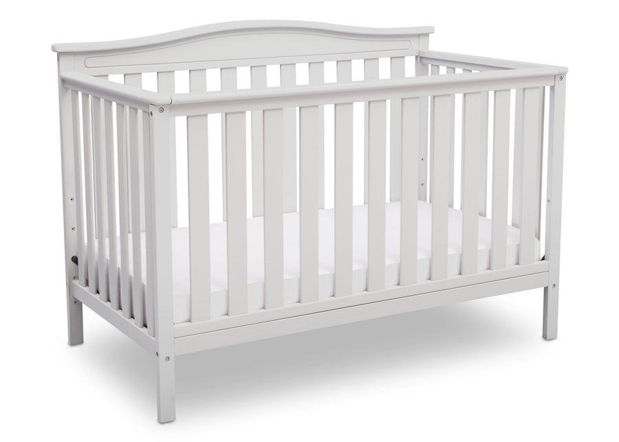 Delta Children Bianca White (130) Independence 4-in-1 Convertible Crib, Angled Crib View b4b 8-Independence 4-in-1 Convertible Crib