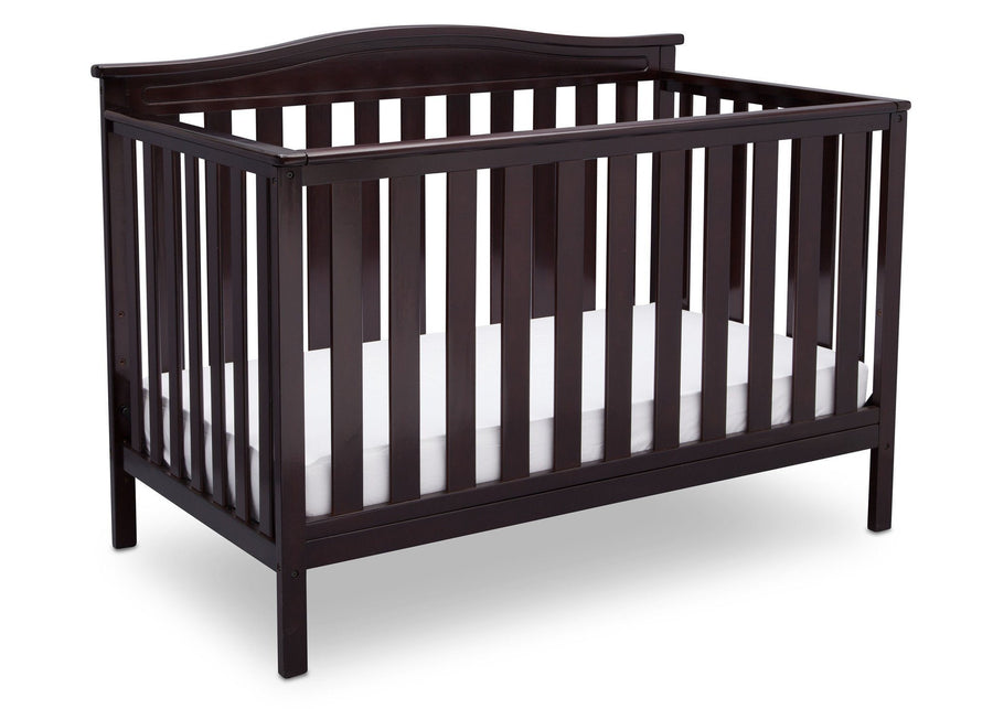 Delta Children Dark Chocolate (207) Independence 4-in-1 Convertible Crib, Angled Crib View c4c 14-Independence 4-in-1 Convertible Crib