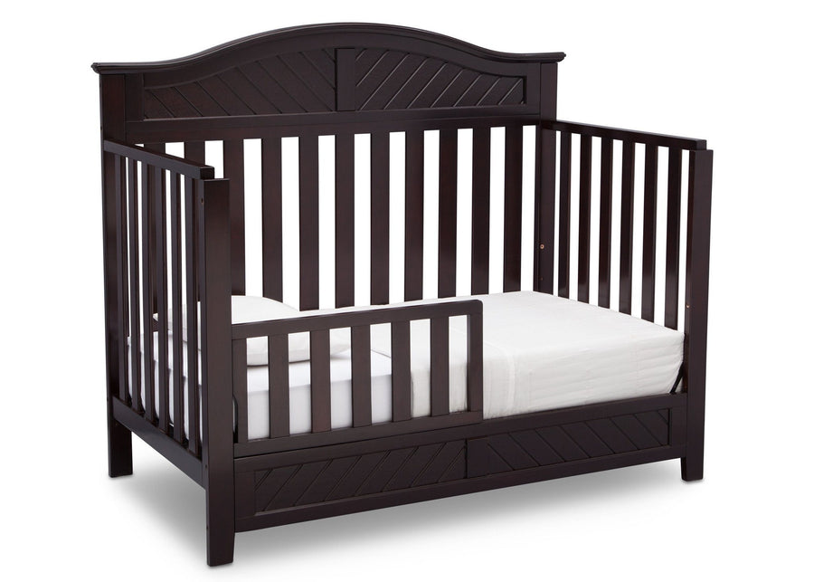 Delta Children Dark Espresso (958) Bennington Elite Curved 4-in-1 Crib angled conversion to toddler bed b4b 16-Bennington Elite Curved 4-in-1 Crib
