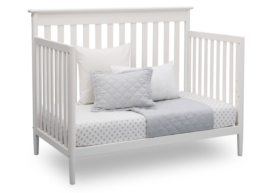 Delta Children Bianca White (130) Greyson Signature 4-in-1 Crib, angled conversion to daybed, b4b 10-Greyson Signature 4-in-1 Convertible Crib