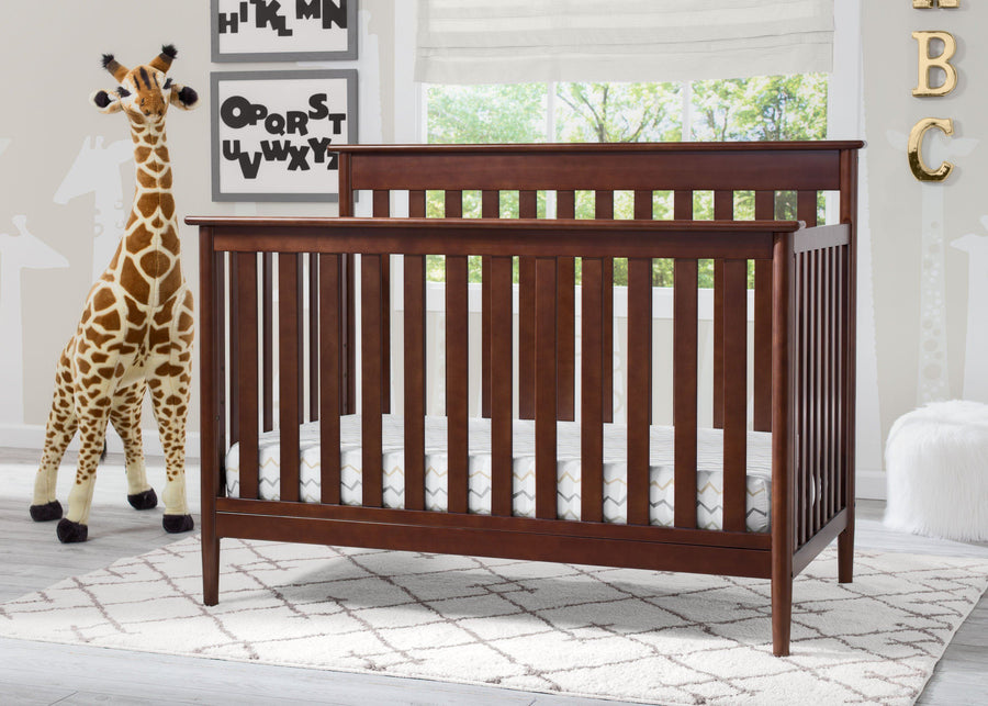 Delta Children Walnut (1316) Greyson Signature 4-in-1 Crib, angled view, d3d 19-Greyson Signature 4-in-1 Convertible Crib