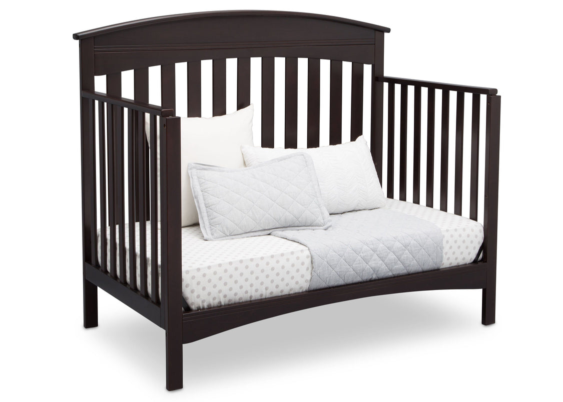 Delta Children Dark Espresso (958) Bennington Elite Arched 4-in-1 Convertible Crib, Day Bed Angle, c5c