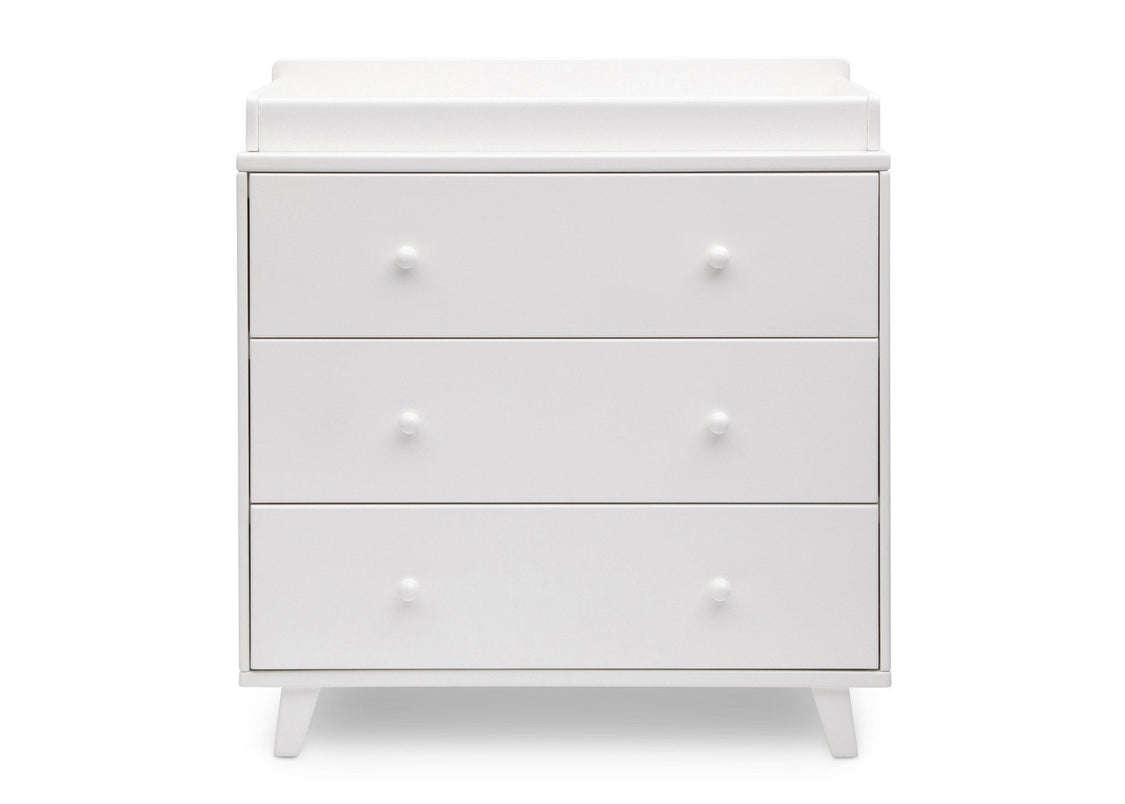 DCB: Delta Children White (100) Ava 3 Drawer Dresser with Changing Top, Front View a1a
