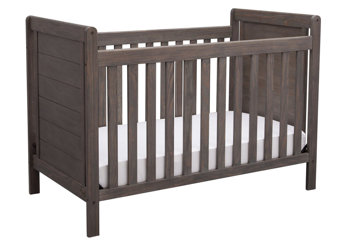 Delta Children Rustic Grey (084) Cali 4-in-1 Crib, angled view, a3a