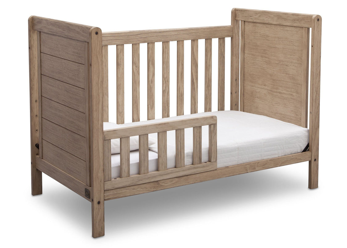 Delta Children Rustic Driftwood (112), Cali 4-in-1 Crib, angled conversion to toddler bed, b4b