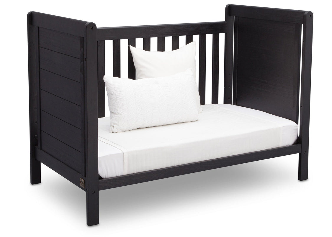 Delta Children Rustic Ebony (935) Cali 4-in-1 Crib, angled conversion to daybed, c5c