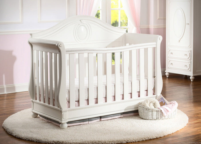 Delta Children White Ambiance (108) Princess Magical Dreams 4-in-1 Crib Front View, Crib Conversion, Detailed View b2b 3-Disney Princess Magical Dreams 4-in-1 Crib