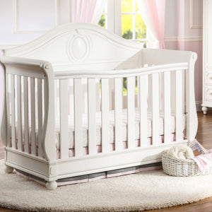 Delta Children White Ambiance (108) Princess Magical Dreams 4-in-1 Crib Front View, Crib Conversion, Detailed View b2b 18-Disney Princess Magical Dreams 4-in-1 Crib