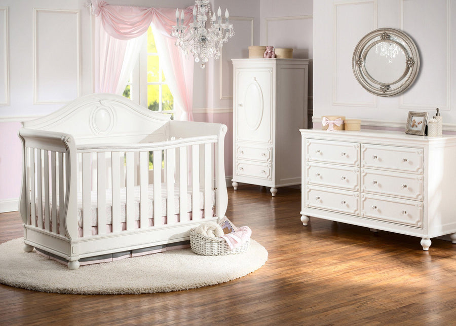 Delta Children White Ambiance (108) Princess Magical Dreams 4-in-1 Crib Front View, Crib Conversion, Room View b1b 6-Disney Princess Magical Dreams 4-in-1 Crib