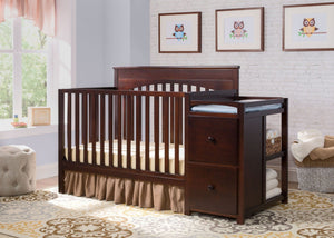 Delta Children Black Cherry Espresso (607) Layla Crib 'N' Changer Side View, Crib Conversion, Room View a1a 7-Layla Crib N Changer