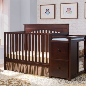 Delta Children Black Cherry Espresso (607) Layla Crib 'N' Changer Side View, Crib Conversion, Room View a1a 20-Layla Crib N Changer