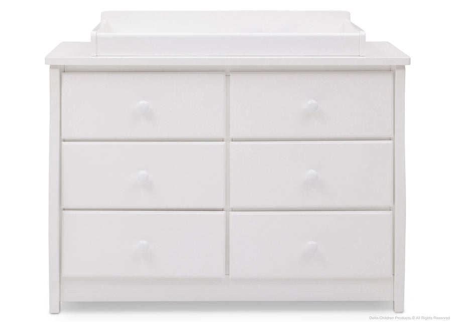 Delta Children Bianca White (130) Clermont 6 Drawer Dresser, Front View with Dresser Topper a4a 2-Clermont 6 Drawer Dresser